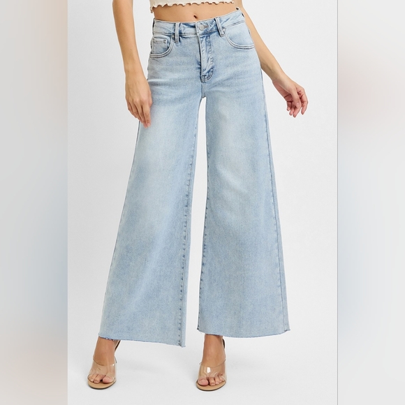 RISEN Palazzo High-Rise Ultra Baggy Wide Leg Cropped Ankle Jeans Denim Pants - Picture 2 of 16